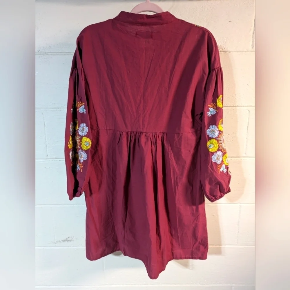 Boho Embroidered Burgundy Peasant Mini Dress Floral Sleeve Festival‎ Cottagecore - Picture 3 of 11